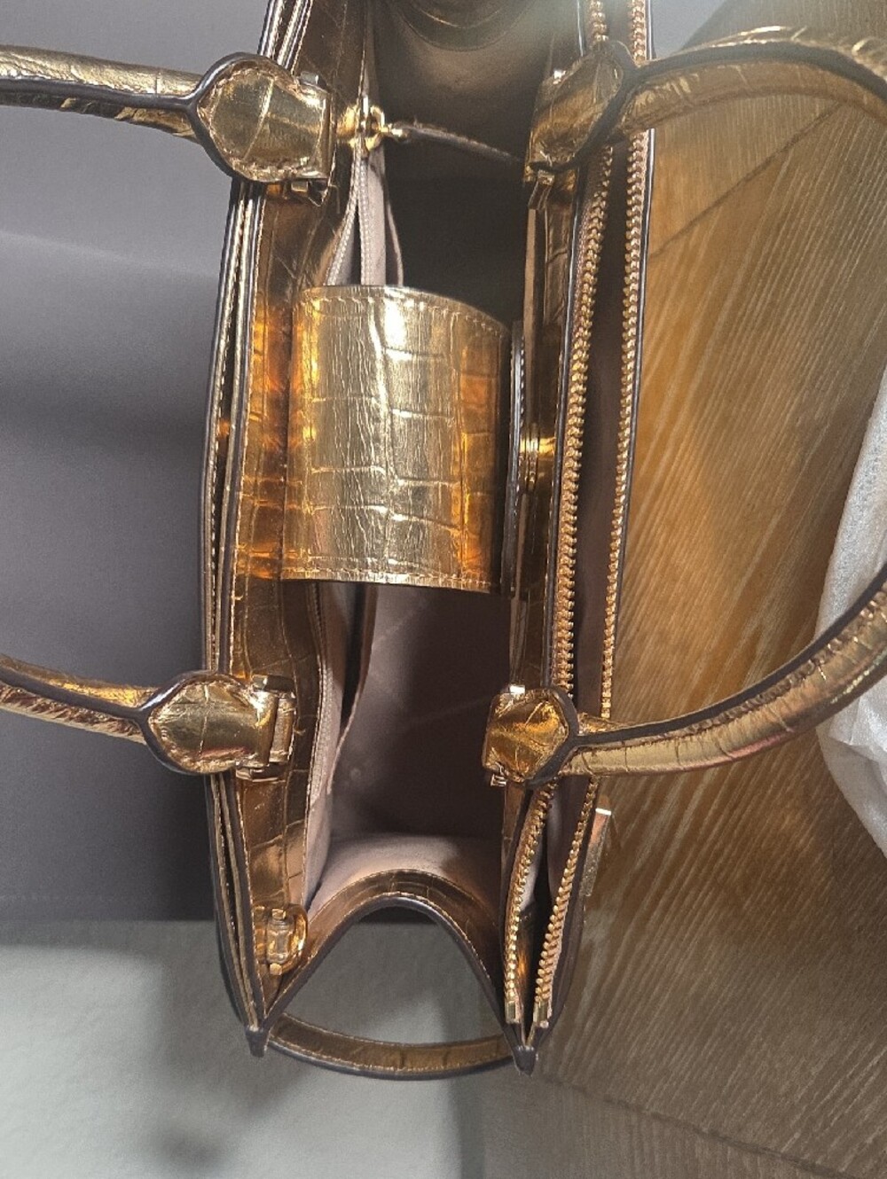Metallic Gold Croc-Embossed Satchel Bag - Picture 6 of 10